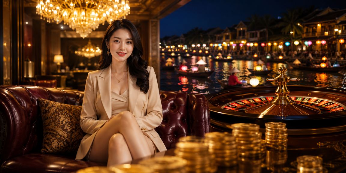Cảnh chơi roulette tại không gian giải trí phong cách Hội An với ánh đèn ấm về đêm